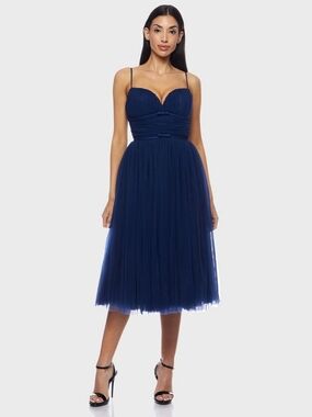Alex & Sophia Navy Mesh Tulle Midi Dress with Sweetheart Neckline Size 3/4 NWT